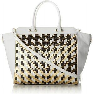 MILLY Tote Bag Dylan Leather Woven, White Gold Black